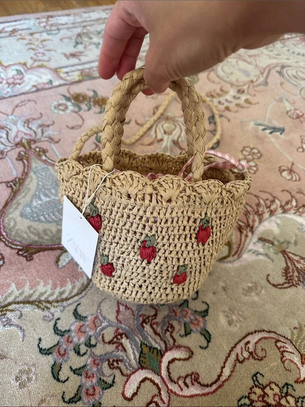 Zara Beige Straw Crochet Crossbody Bag with Red Strawberry Accents